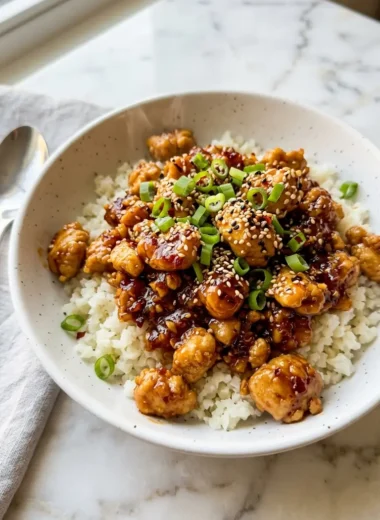 low carb firecracker ground chicken in a white bowl over cauliflower rice with sesame seeds