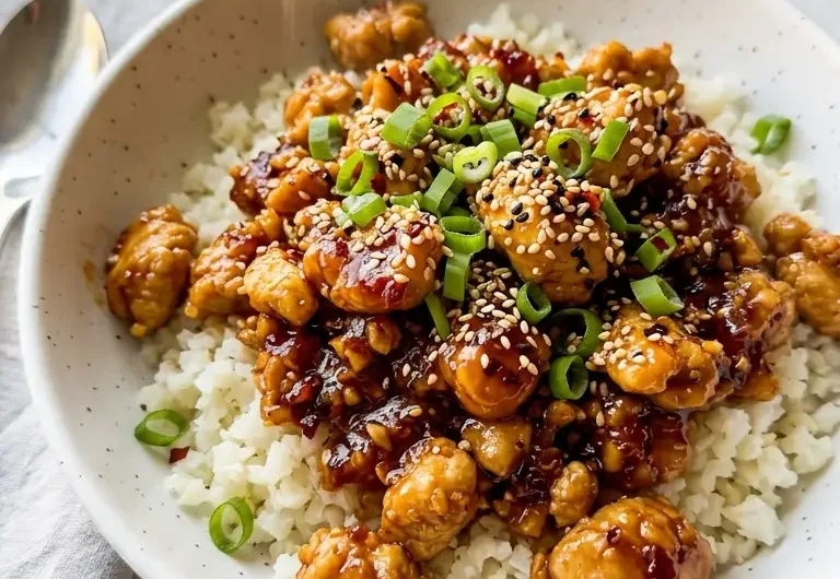 low carb firecracker ground chicken in a white bowl over cauliflower rice with sesame seeds