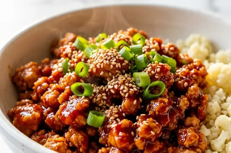 Pinterest pin image for low carb firecracker ground chicken in a white ceramic bowl