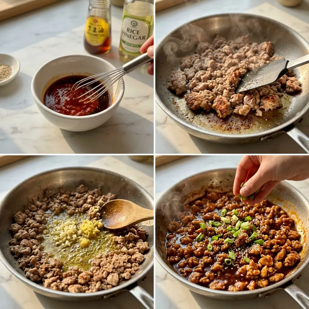 4-step cooking process collage for low carb firecracker ground chicken showing sauce, searing, garlic, and finishing