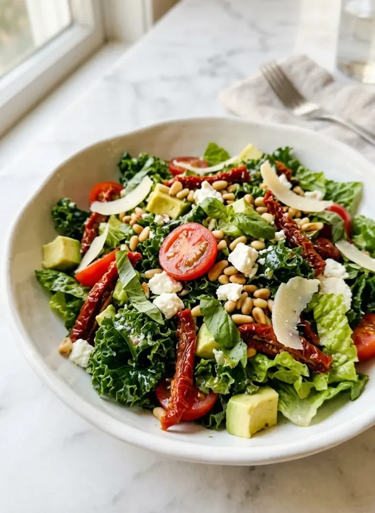 Close-up of a Marry Me Salad in a white ceramic bowl with kale, avocado, cherry tomatoes, feta, and pine nuts