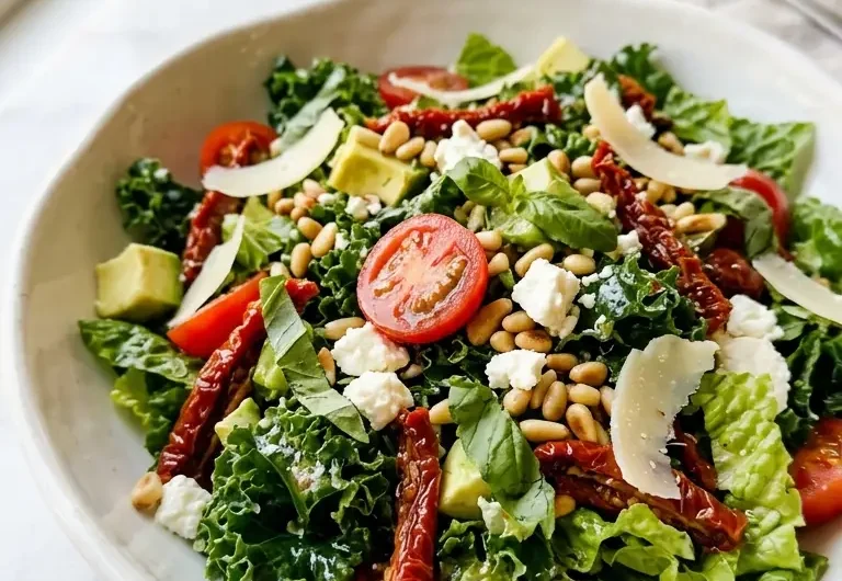 Close-up of a Marry Me Salad in a white ceramic bowl with kale, avocado, cherry tomatoes, feta, and pine nuts