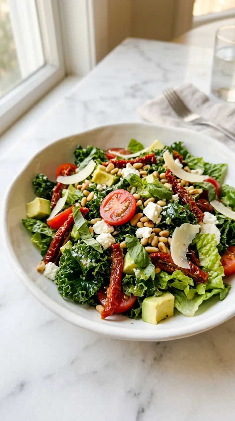 Close-up of a Marry Me Salad in a white ceramic bowl with kale, avocado, cherry tomatoes, feta, and pine nuts