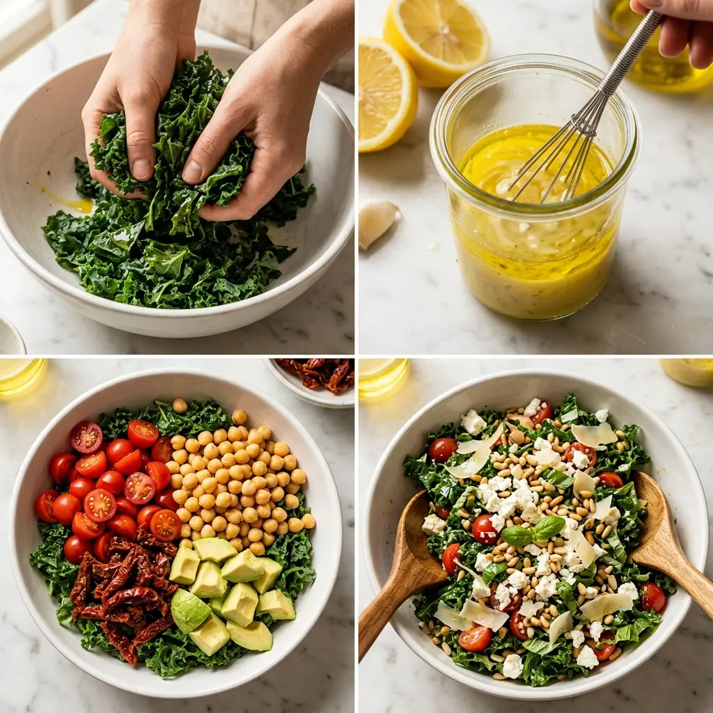4-step cooking process collage for Marry Me Salad showing kale massaging, dressing making, layering, and tossing