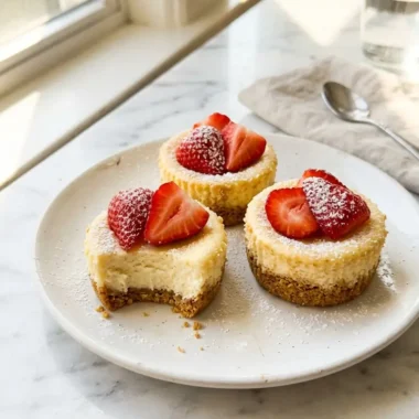mini cheesecakes topped with fresh strawberries on white marble surface