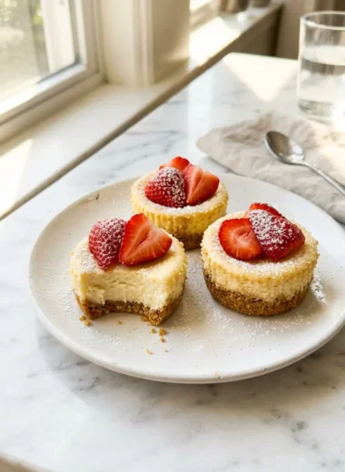 mini cheesecakes topped with fresh strawberries on white marble surface