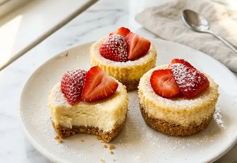 mini cheesecakes topped with fresh strawberries on white marble surface