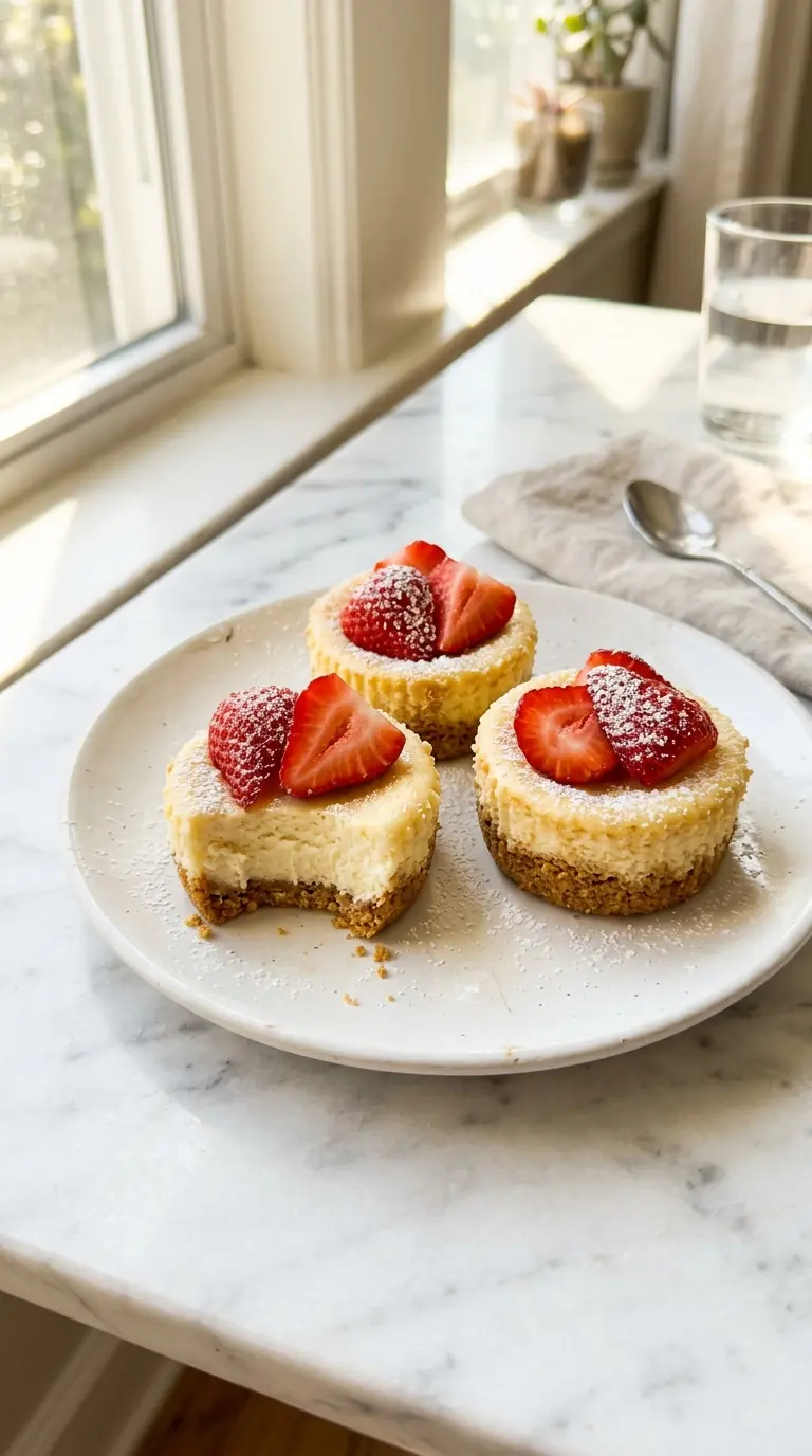 mini cheesecakes topped with fresh strawberries on white marble surface