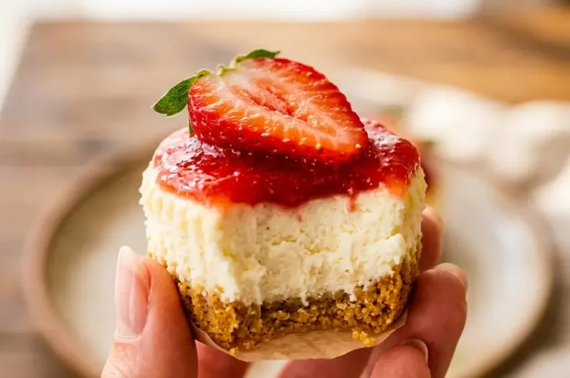 Pinterest pin image for easy mini cheesecakes with graham cracker crust and fresh strawberries