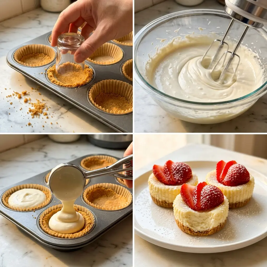 4-step cooking process collage for mini cheesecakes showing crust pressing, batter mixing, filling, and plating