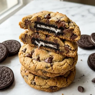 Stack of thick stuffed Oreo cookie in a cookie with one broken open to show the Oreo hidden inside