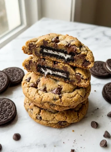 Stack of thick stuffed Oreo cookie in a cookie with one broken open to show the Oreo hidden inside