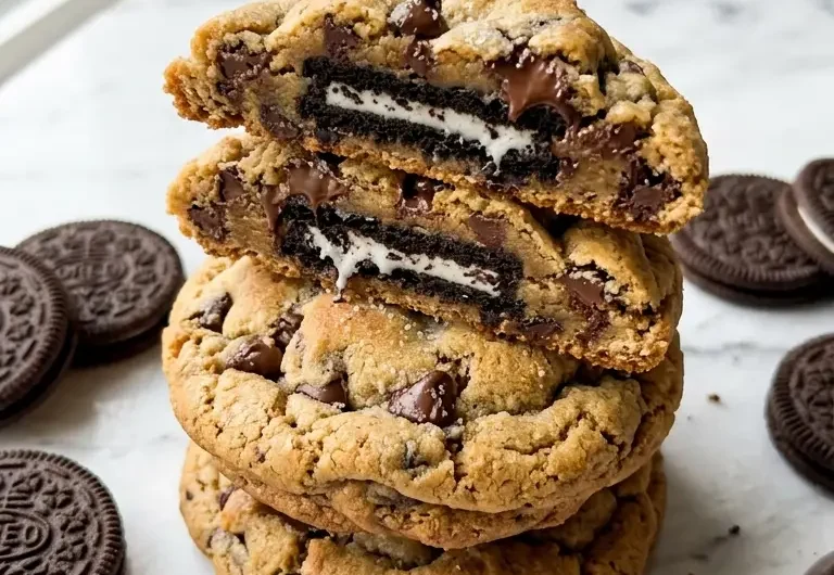 Stack of thick stuffed Oreo cookie in a cookie with one broken open to show the Oreo hidden inside