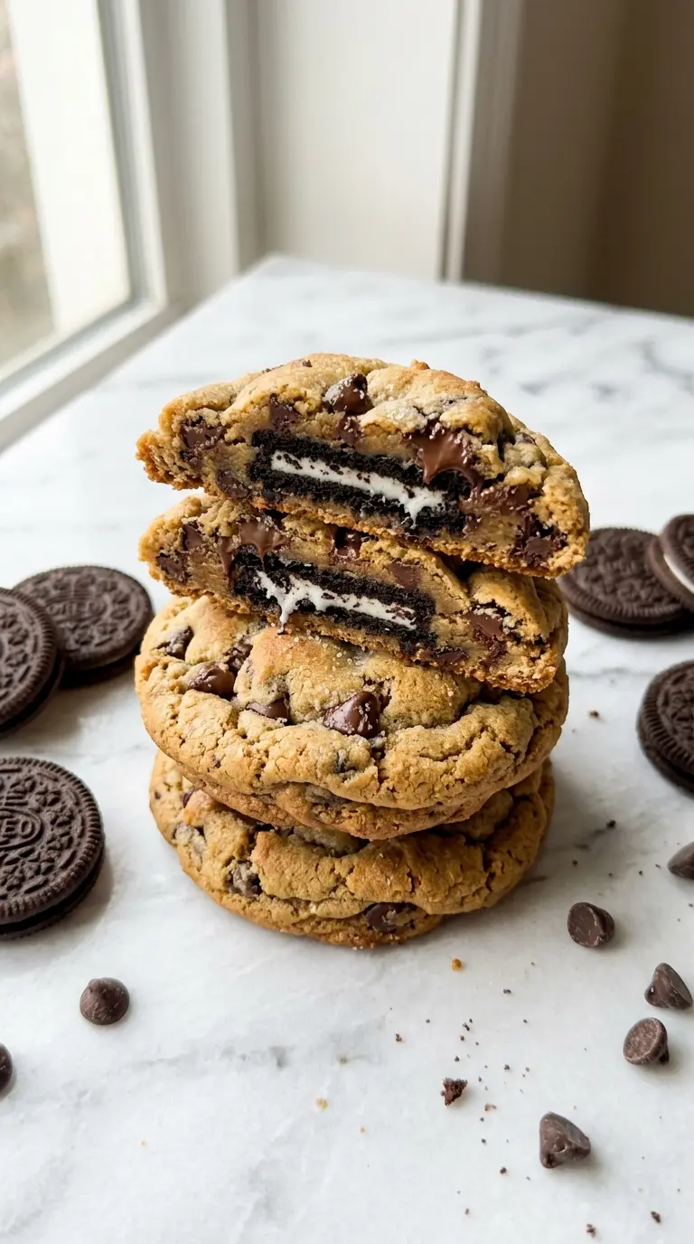 Stack of thick stuffed Oreo cookie in a cookie with one broken open to show the Oreo hidden inside