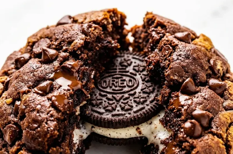 Pinterest pin image for oreo cookie in a cookie recipe showing cookie broken open to reveal hidden Oreo inside