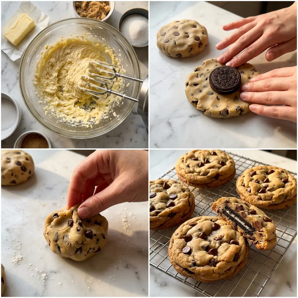 4-step cooking process collage for oreo cookie in a cookie showing creaming butter, placing oreo, sealing dough, and finished cookies cooling