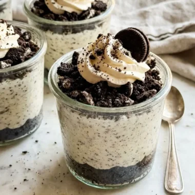 Oreo no-bake cheesecake cups in clear glasses with crushed Oreo topping and whipped cream