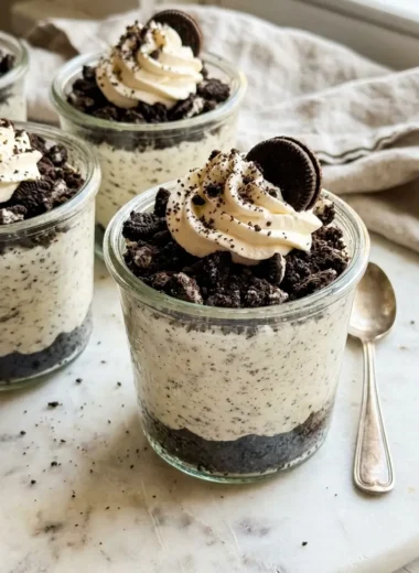 Oreo no-bake cheesecake cups in clear glasses with crushed Oreo topping and whipped cream