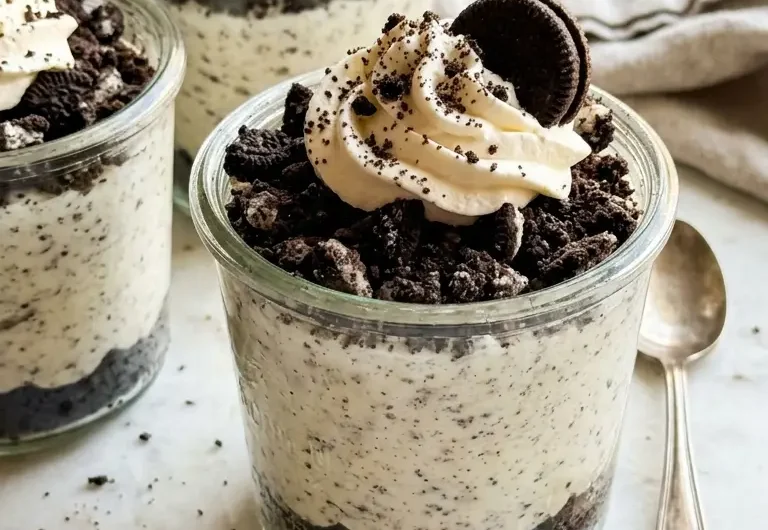 Oreo no-bake cheesecake cups in clear glasses with crushed Oreo topping and whipped cream