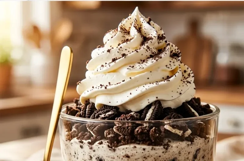 Pinterest pin image for Oreo no-bake cheesecake cups with crushed Oreo topping and whipped cream swirl