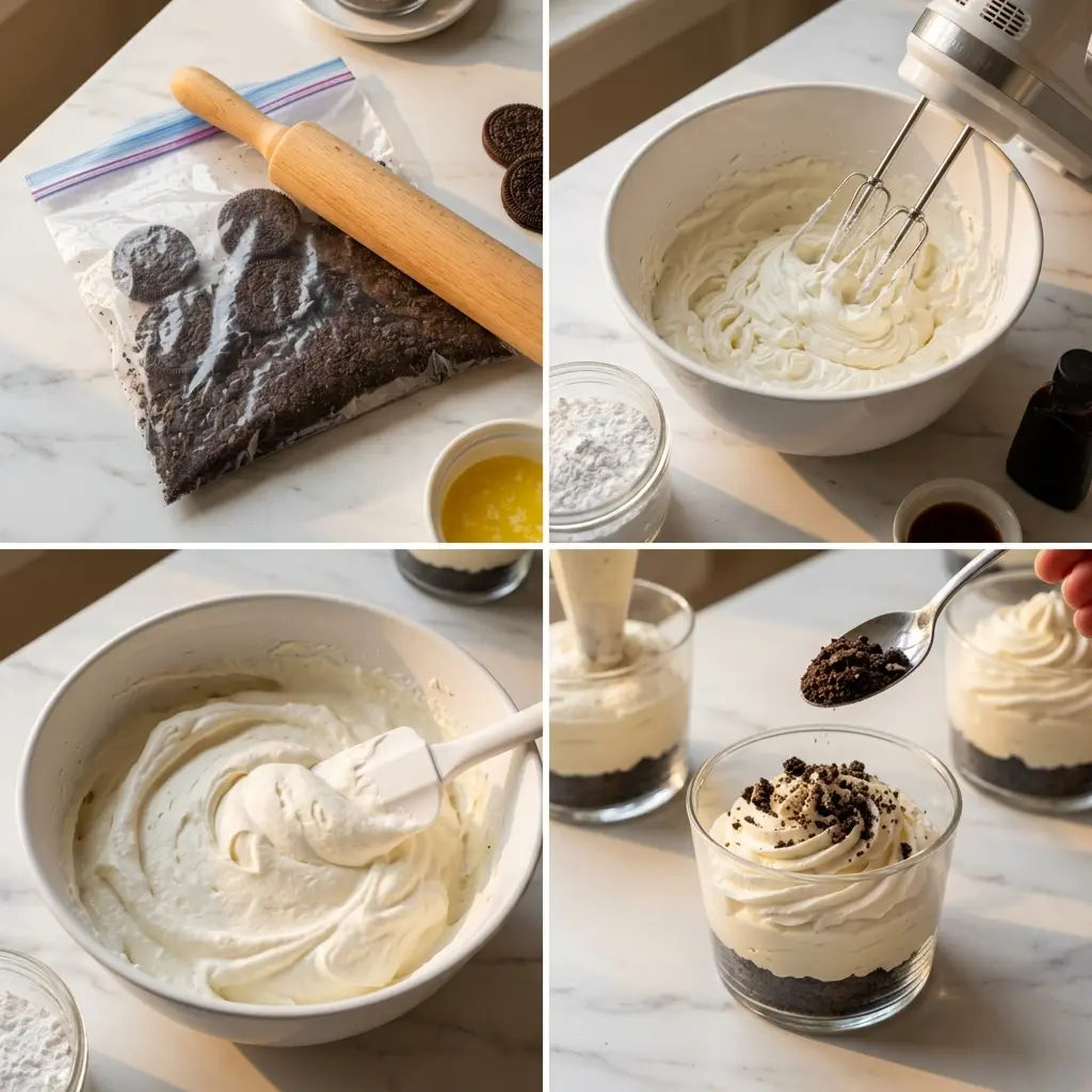 4-step cooking process collage for Oreo no-bake cheesecake cups showing crushing, mixing, folding, and assembling