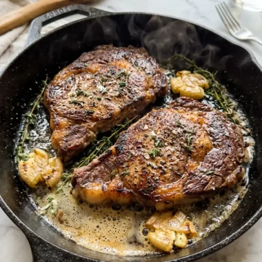 pan seared steak with garlic butter in a cast-iron skillet with thyme and flaky salt