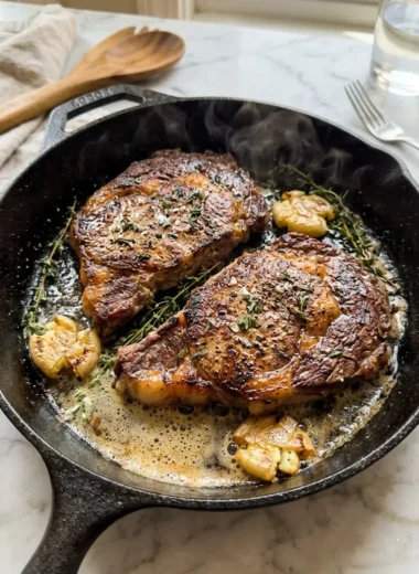 pan seared steak with garlic butter in a cast-iron skillet with thyme and flaky salt