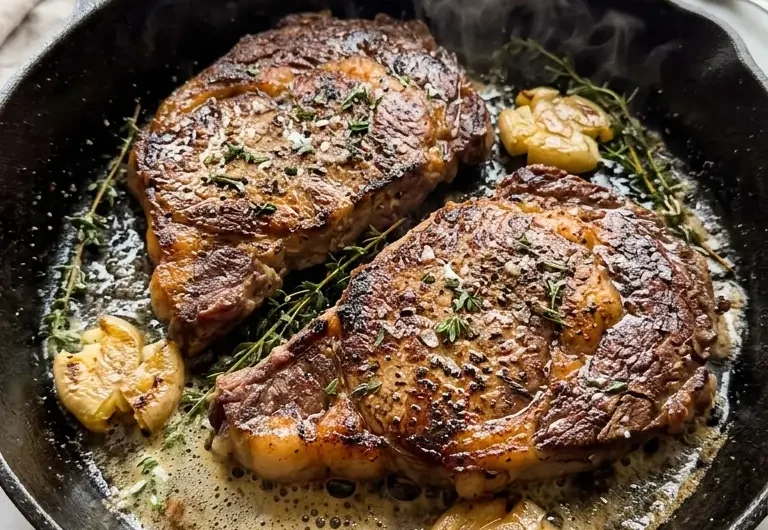 pan seared steak with garlic butter in a cast-iron skillet with thyme and flaky salt