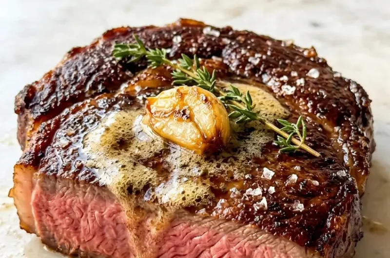 Pinterest pin image for pan seared steak with garlic butter showing golden crust and pink interior