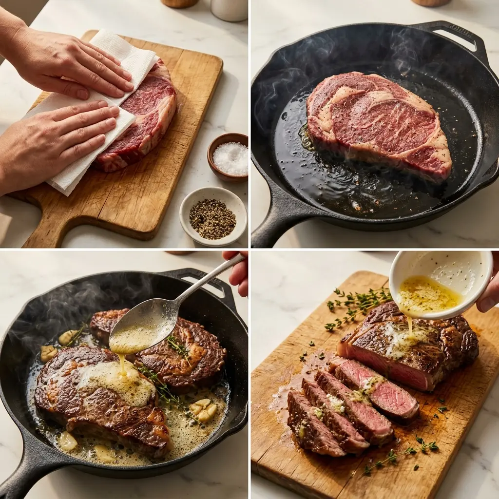 4-step cooking process collage for pan seared steak with garlic butter showing prep, searing, basting, and slicing