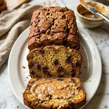 Sliced protein-packed banana bread loaf on white marble with moist golden crumb and chocolate chips