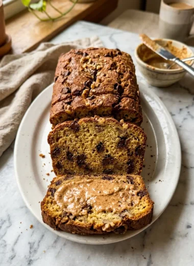 Sliced protein-packed banana bread loaf on white marble with moist golden crumb and chocolate chips
