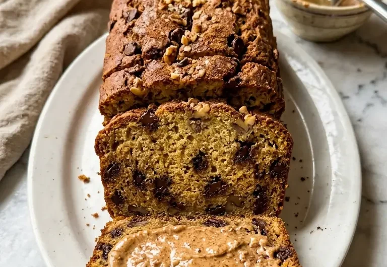 Sliced protein-packed banana bread loaf on white marble with moist golden crumb and chocolate chips