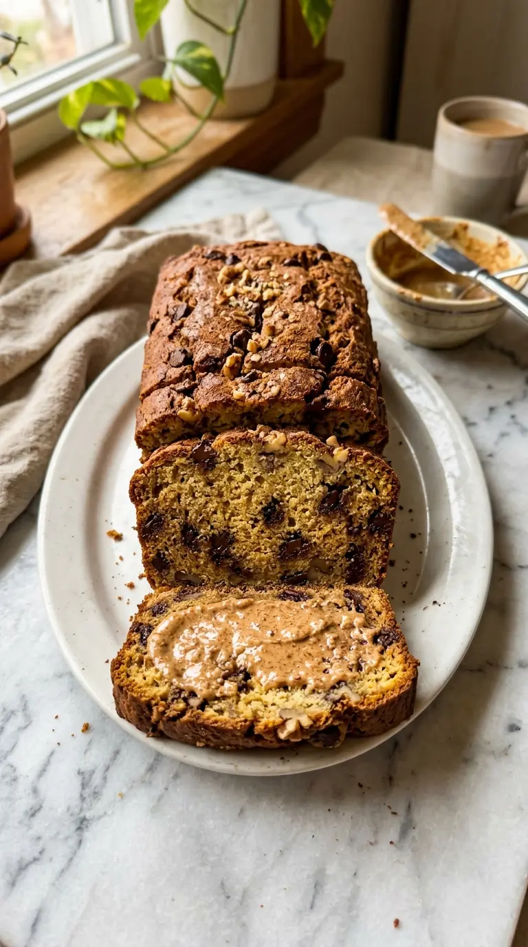 Sliced protein-packed banana bread loaf on white marble with moist golden crumb and chocolate chips