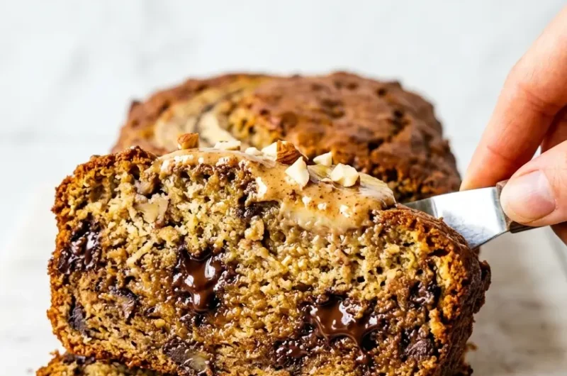 Pinterest pin image for protein-packed banana bread with moist golden crumb and chocolate chips