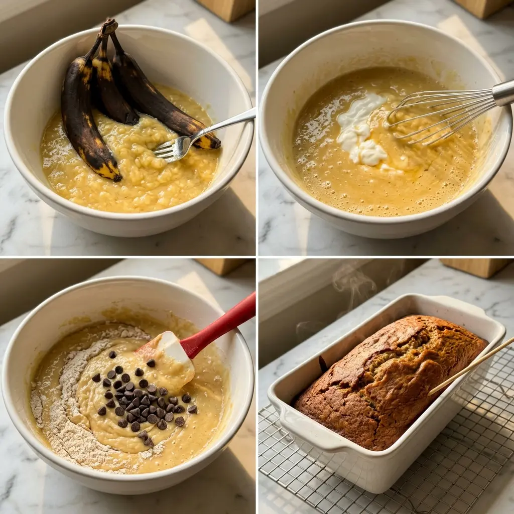 4-step cooking process collage for protein-packed banana bread showing mashing, mixing, folding, and baking