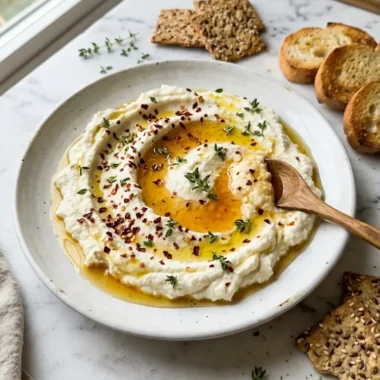 ricotta dip with hot honey on white plate with crackers and fresh thyme garnish