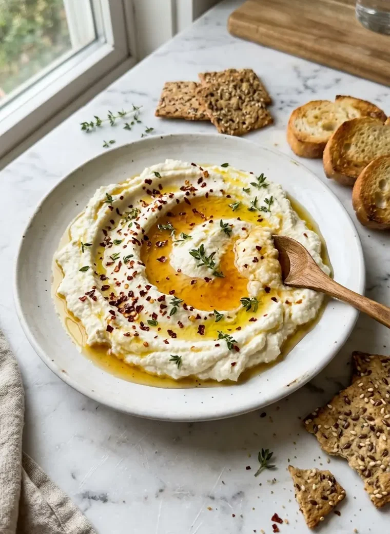 ricotta dip with hot honey on white plate with crackers and fresh thyme garnish
