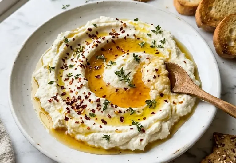 ricotta dip with hot honey on white plate with crackers and fresh thyme garnish