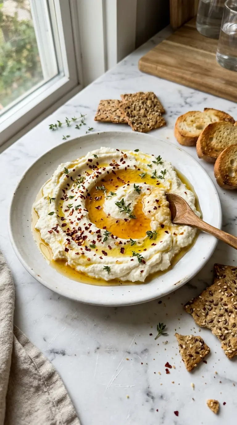 ricotta dip with hot honey on white plate with crackers and fresh thyme garnish