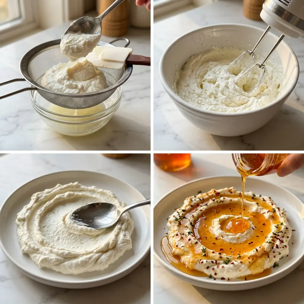 4-step cooking process collage for ricotta dip with hot honey showing draining, whipping, spreading, and drizzling