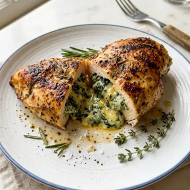 Ruth's Chris stuffed chicken sliced open showing creamy spinach cheddar filling on white plate