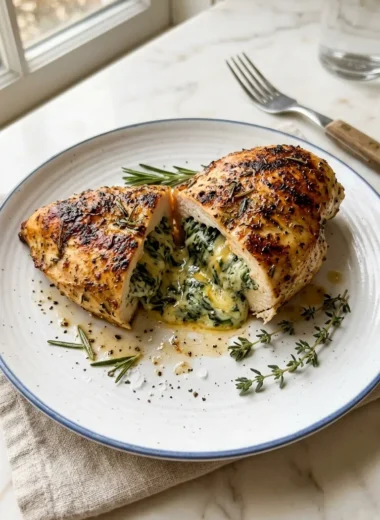 Ruth's Chris stuffed chicken sliced open showing creamy spinach cheddar filling on white plate