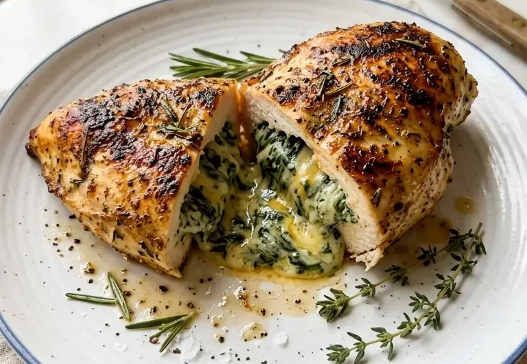 Ruth's Chris stuffed chicken sliced open showing creamy spinach cheddar filling on white plate
