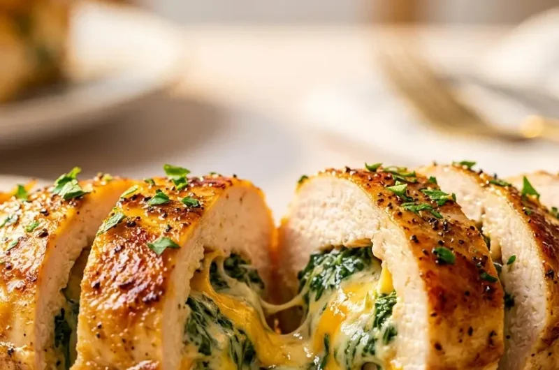 Pinterest pin for Ruth's Chris stuffed chicken with creamy cheese filling oozing from golden seared breast