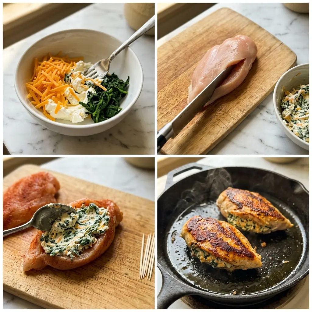 4-step cooking process collage for Ruth's Chris stuffed chicken showing filling, stuffing, sealing, and searing