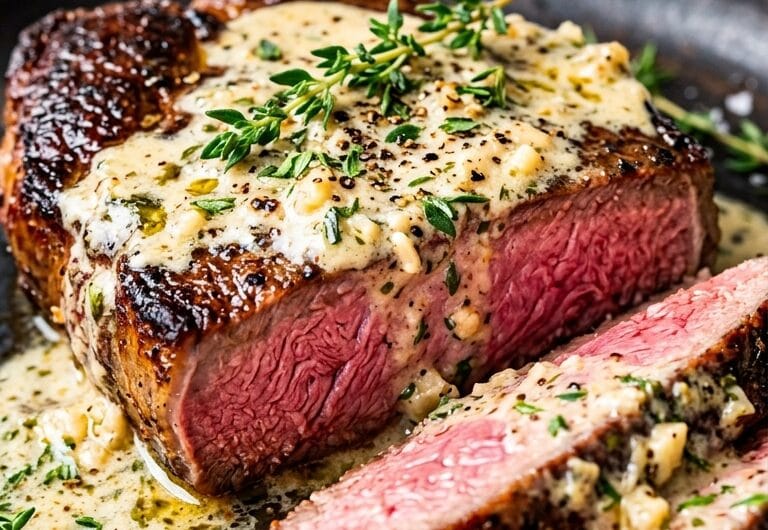 Pinterest pin for pan-seared steak with creamy garlic sauce recipe