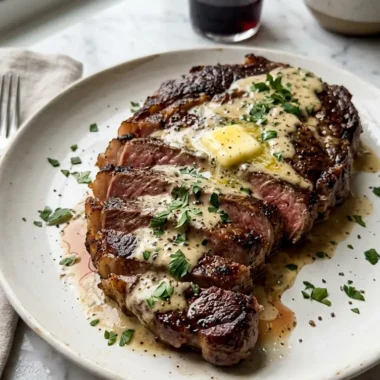 Sliced ribeye steak with creamy garlic sauce on a white ceramic plate garnished with fresh parsley