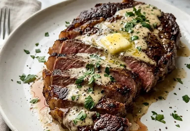 Sliced ribeye steak with creamy garlic sauce on a white ceramic plate garnished with fresh parsley