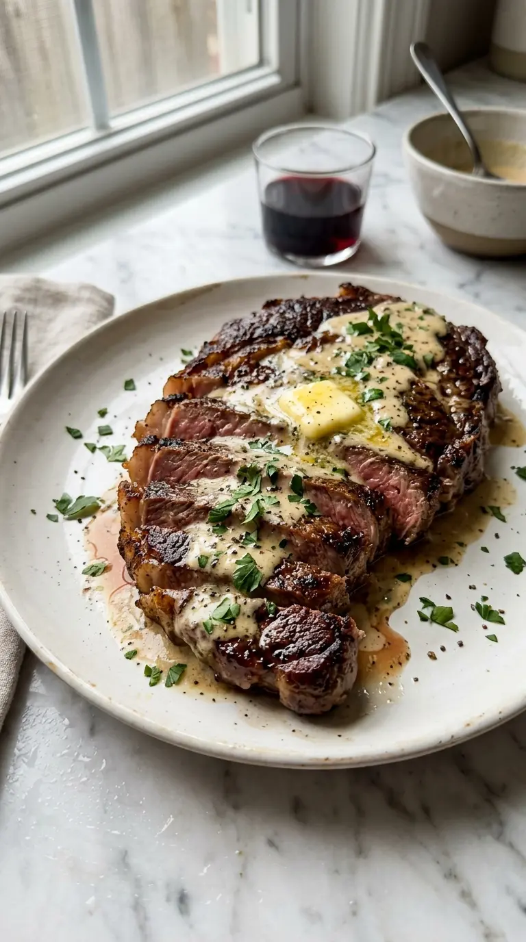 Sliced ribeye steak with creamy garlic sauce on a white ceramic plate garnished with fresh parsley
